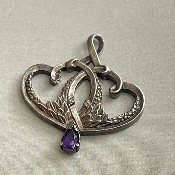 GRADH Franklin Mint Double Heart Necklace Pendant Sterling 925 Amethyst 1983 - Picture 5 of 5